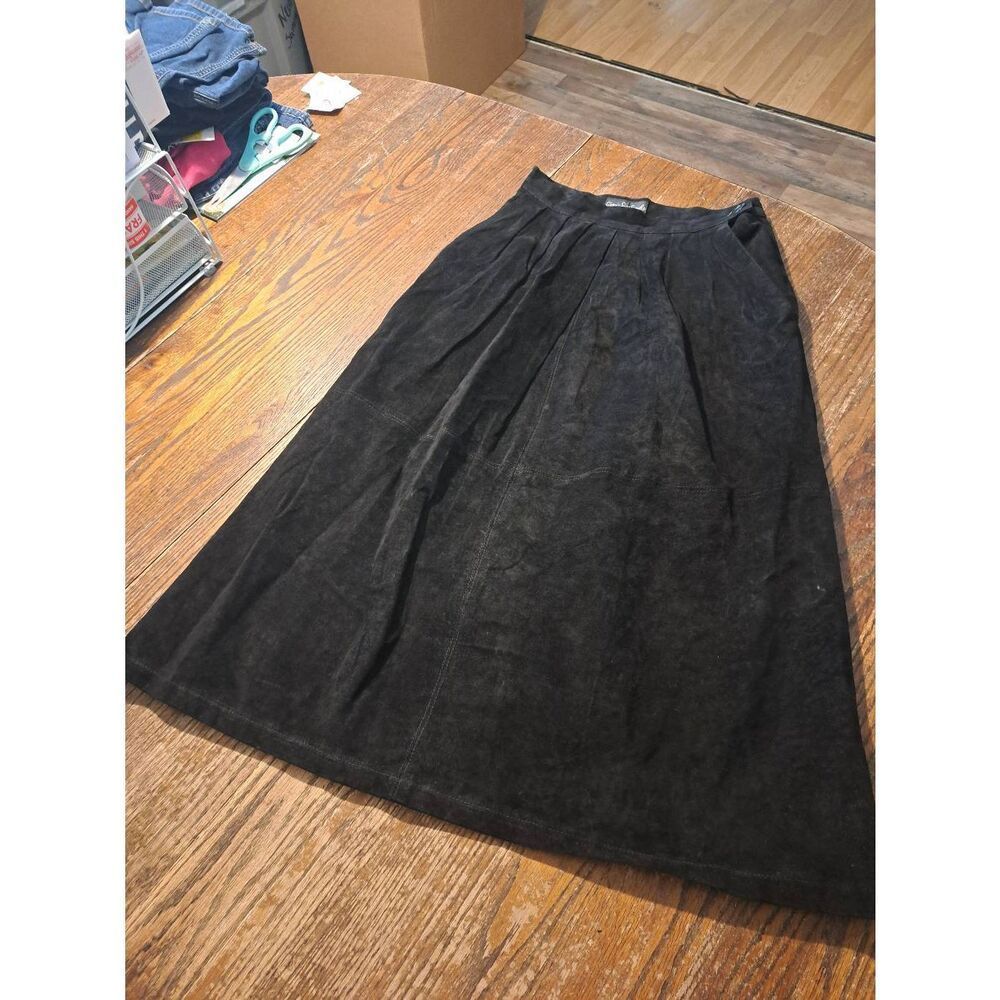 Vintage Giorgio Sant’angelo Black Genuine Suede Midi Skirt Pleated Front Pockets